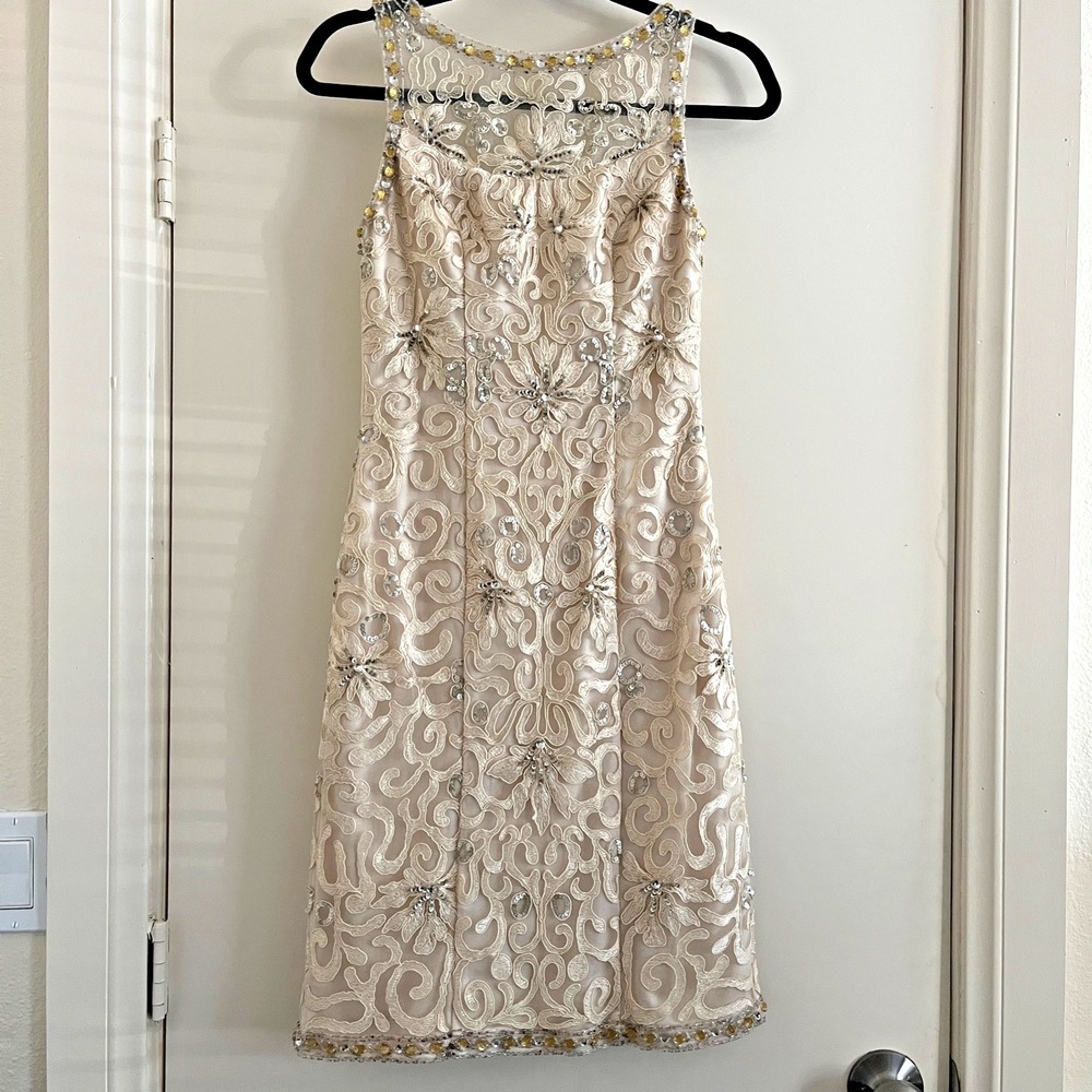 Vintage Sue Wong Beaded Embroidered Sheath Dress 2 Champagne Formal Cocktail Y2K